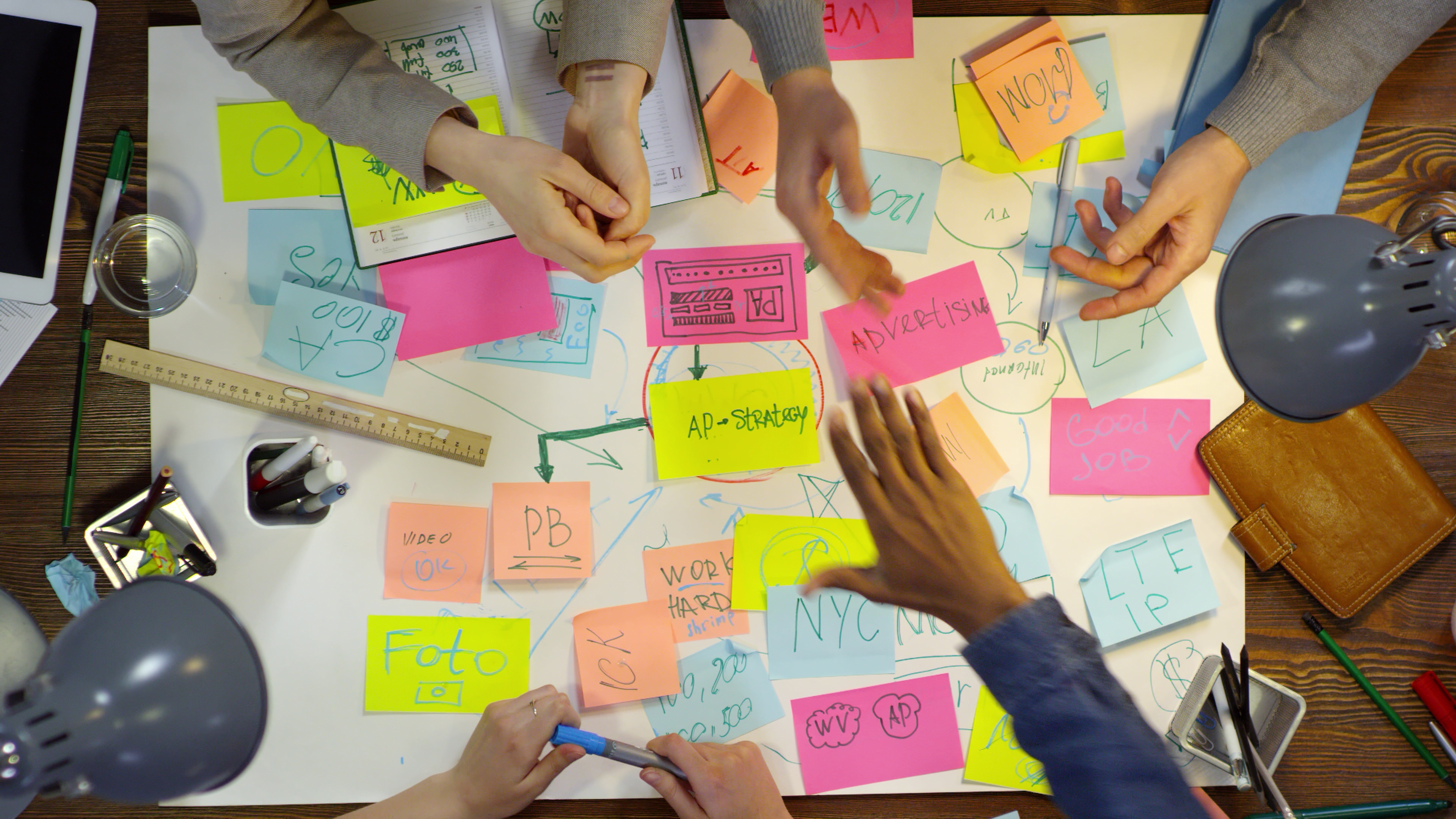 Sticky notes and highlighted text showing core ideas pulled out